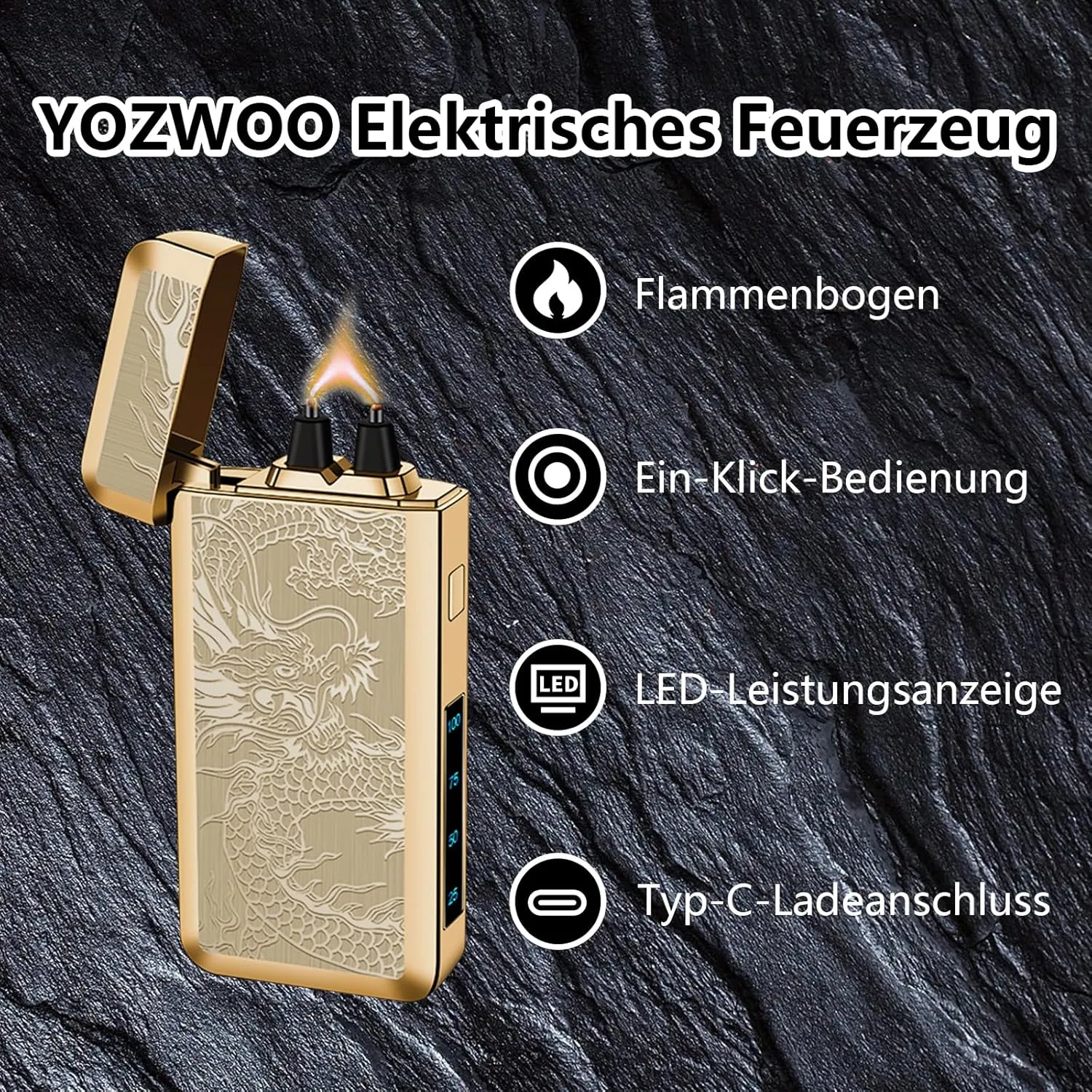 YOZWOO Electric Rechargeable Lighter Plasma Arc Lighter Type-C Electronic Lighters Big Power Flame Windproof Lighters Camping Loghter with LED Battery Indicator for Candles, Incense（Golden Dragon）