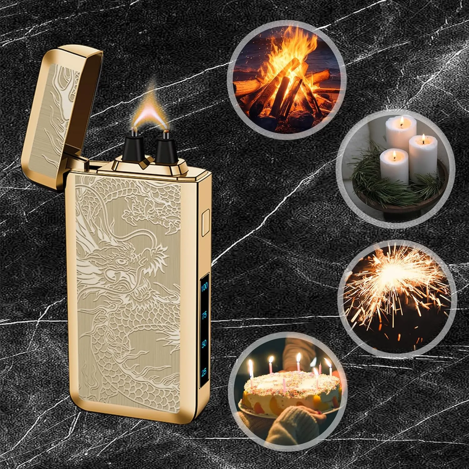 YOZWOO Electric Rechargeable Lighter Plasma Arc Lighter Type-C Electronic Lighters Big Power Flame Windproof Lighters Camping Loghter with LED Battery Indicator for Candles, Incense（Golden Dragon）