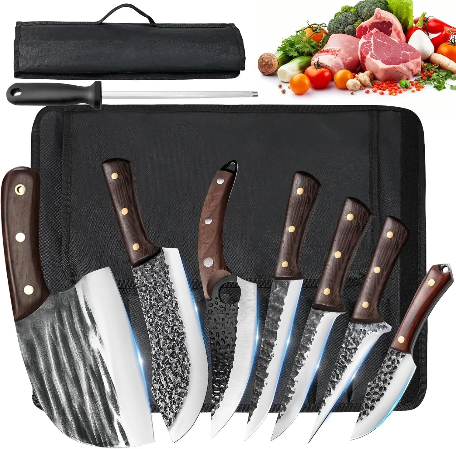 ZENG 8 Pieces Butcher Knife Set with Roll Bag, Chef Knife Set for Meat Cleaver Cutting & Viking Knives with Ergonomic Handles, Stainless Steel Hand Forged Kitchen Knife Set for Home, Cooking, Camping