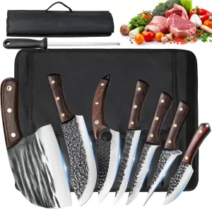 ZENG 8 Pieces Butcher Knife Set with Roll Bag, Chef Knife Set for Meat Cleaver Cutting & Viking Knives with Ergonomic Handles, Stainless Steel Hand Forged Kitchen Knife Set for Home, Cooking, Camping