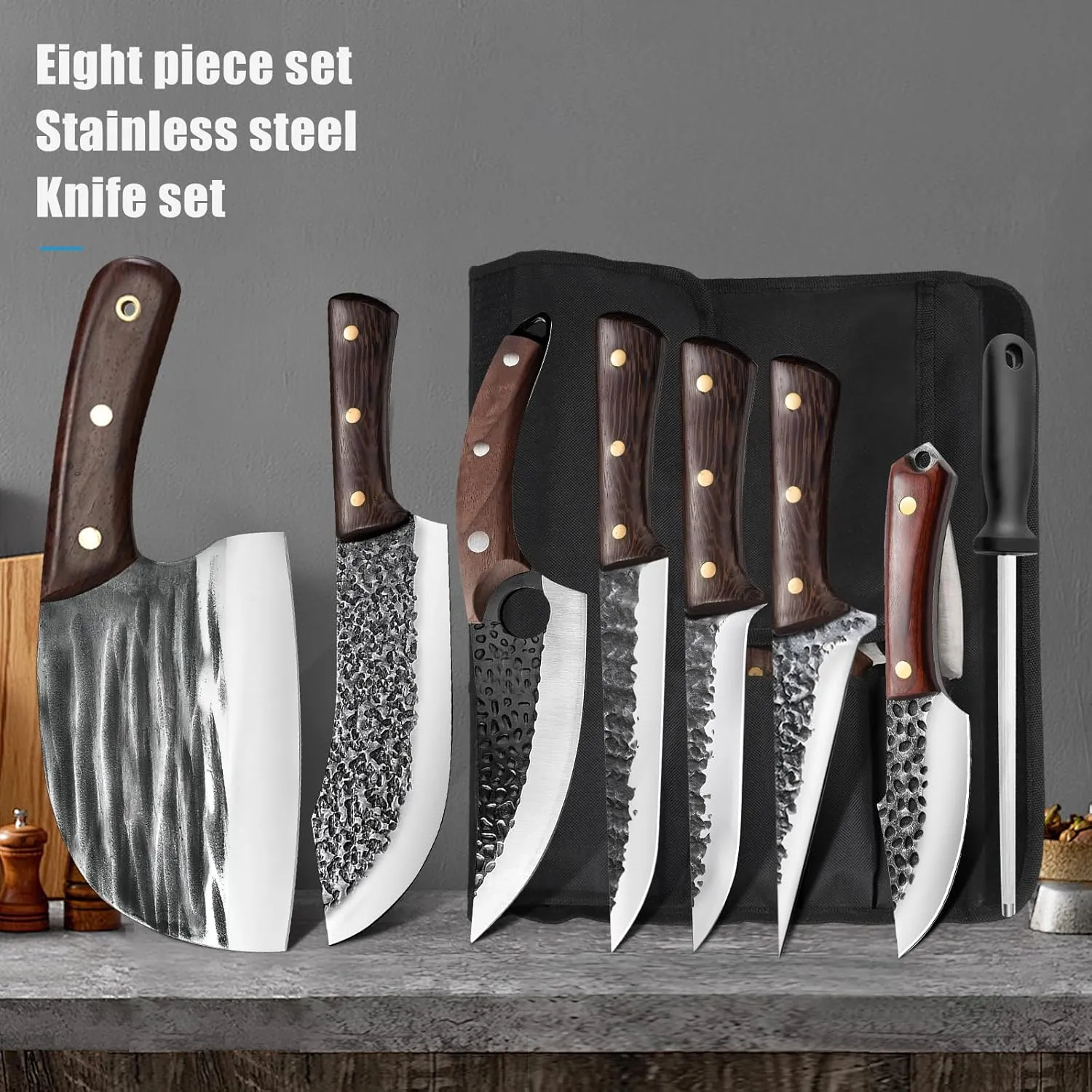 ZENG 8 Pieces Butcher Knife Set with Roll Bag, Chef Knife Set for Meat Cleaver Cutting & Viking Knives with Ergonomic Handles, Stainless Steel Hand Forged Kitchen Knife Set for Home, Cooking, Camping
