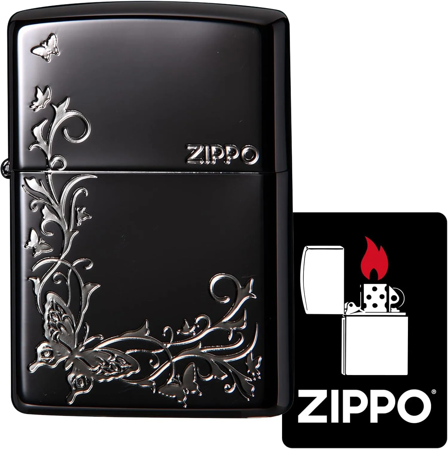 Zippo 2BKS-BUT Windproof, Brass Lighter, Butterfly, with Special Stickers, Black