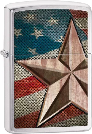 Zippo American Flag Star Pocket Lighter, Brushed Chrome, One Size (86-28653)