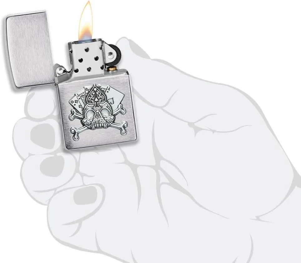 Zippo Card Skull Emblem Brushed Chrome Pocket Lighter, One Size