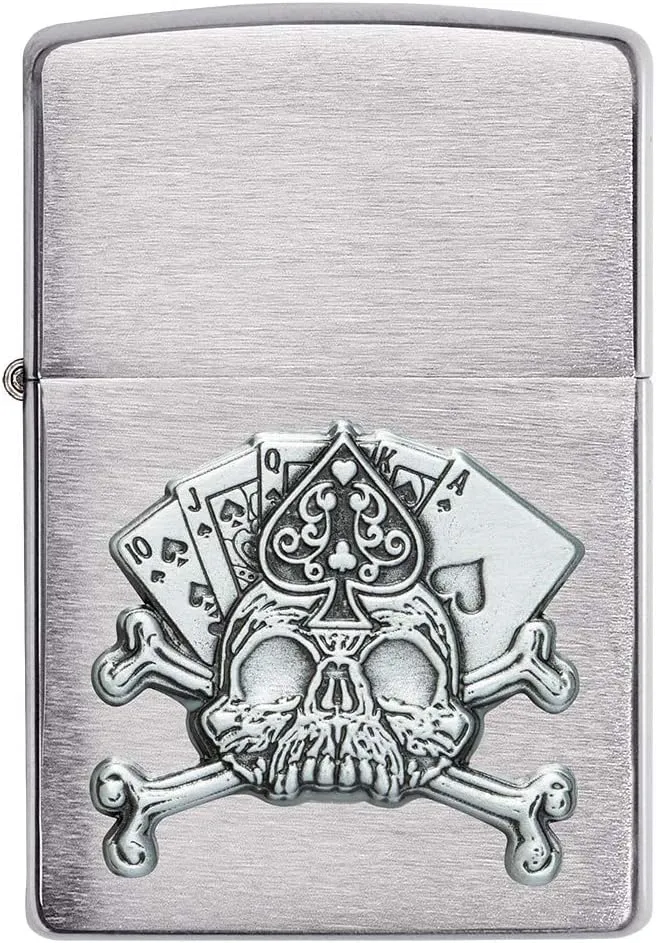 Zippo Card Skull Emblem Brushed Chrome Pocket Lighter, One Size