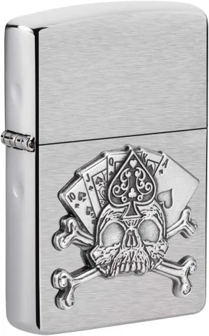 Zippo Card Skull Emblem Brushed Chrome Pocket Lighter, One Size
