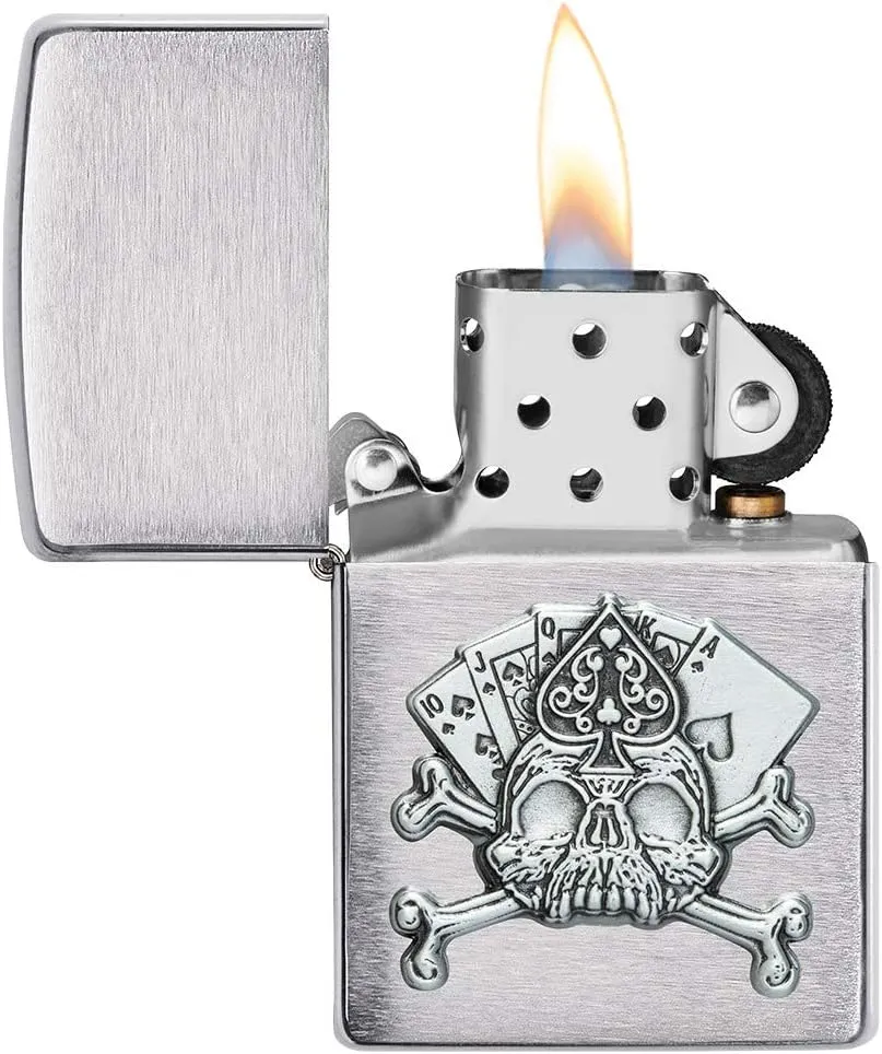 Zippo Card Skull Emblem Brushed Chrome Pocket Lighter, One Size