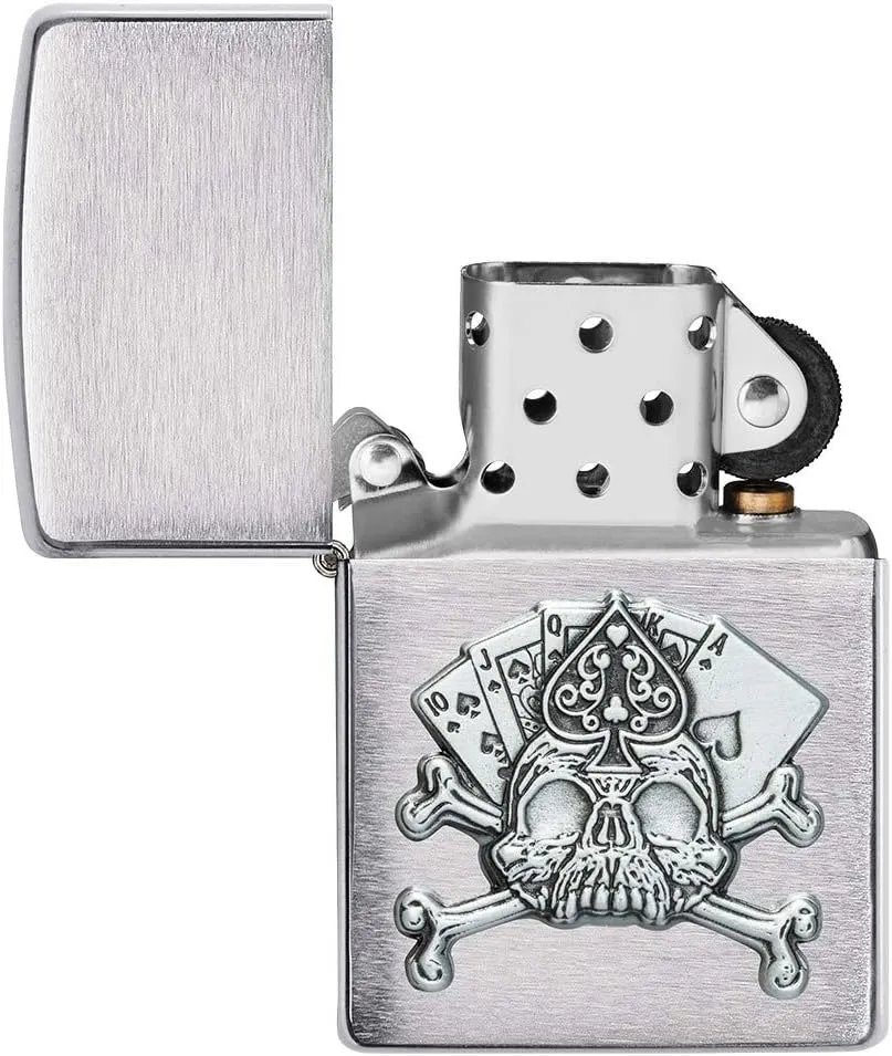 Zippo Card Skull Emblem Brushed Chrome Pocket Lighter, One Size