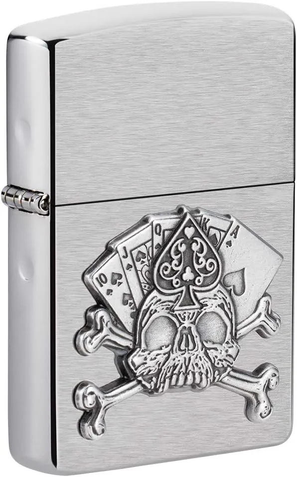 Zippo Card Skull Emblem Brushed Chrome Pocket Lighter, One Size
