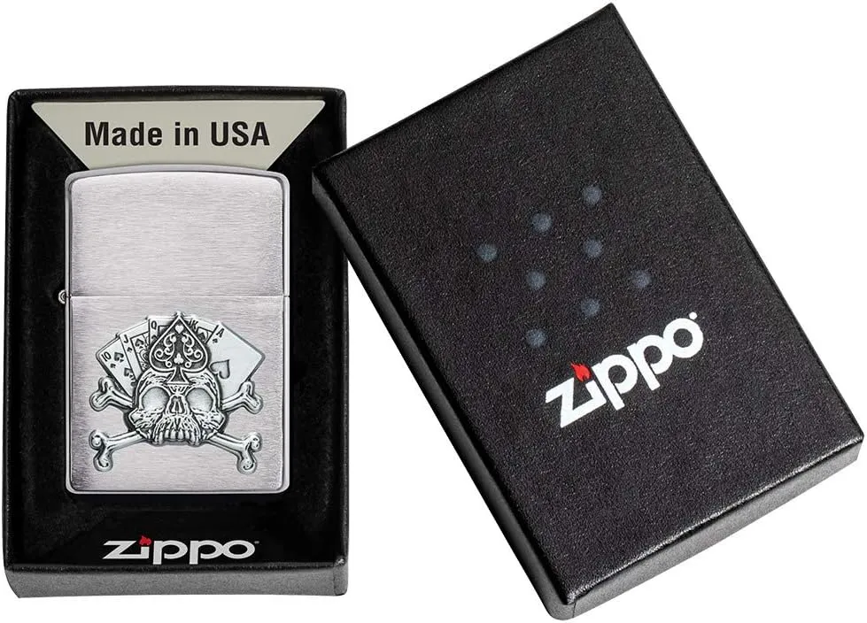 Zippo Card Skull Emblem Brushed Chrome Pocket Lighter, One Size