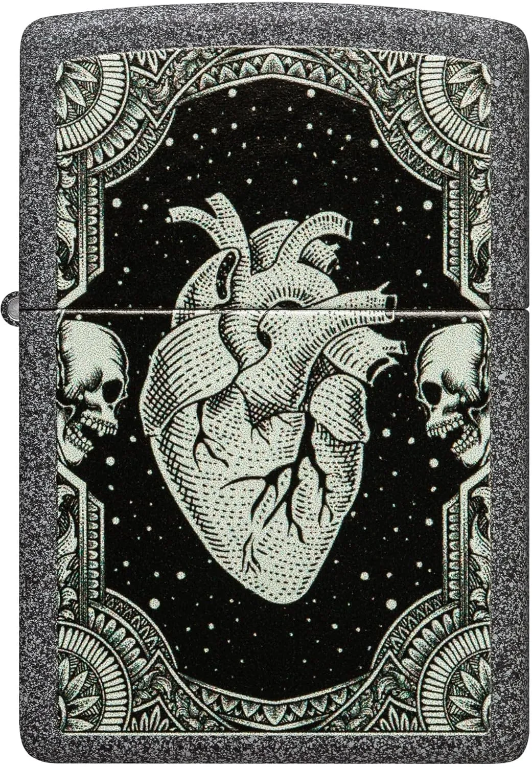 Zippo Lighter Detailed Heart w/Skeleton Border, Windproof, Custom Designed, Stainless Steel Body