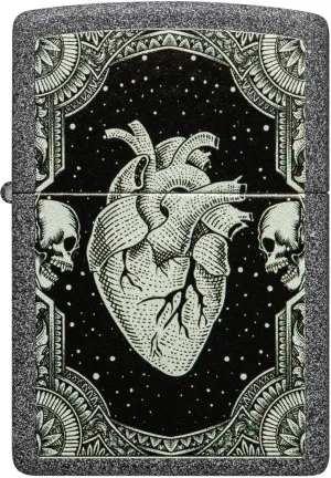 Zippo Lighter Detailed Heart w/Skeleton Border, Windproof, Custom Designed, Stainless Steel Body