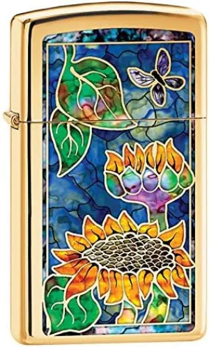 Zippo Lighter: Slim Fusion Sunflowers - High Polish Brass 79785