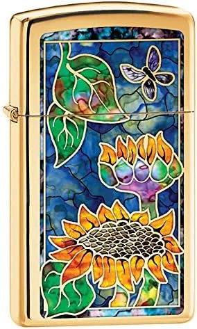 Zippo Lighter: Slim Fusion Sunflowers - High Polish Brass 79785